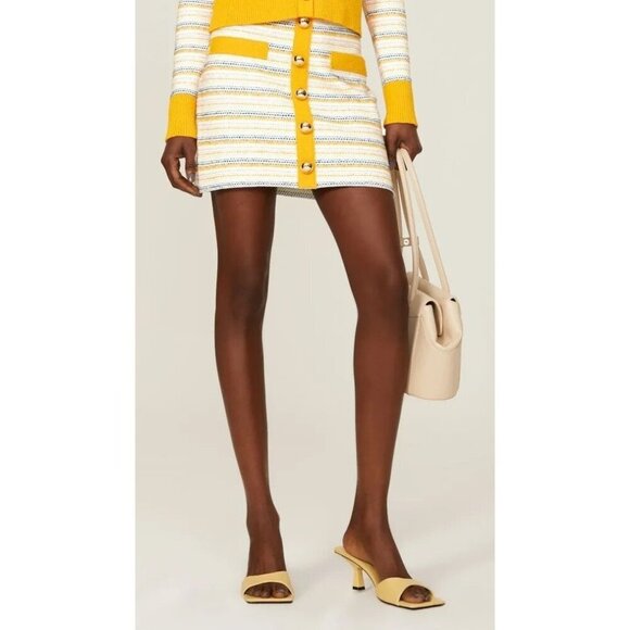 Milly Striped Yellow Tweed Pull-on Elastic Waist Mini Skirt Button Accents L NWT - Picture 4 of 9
